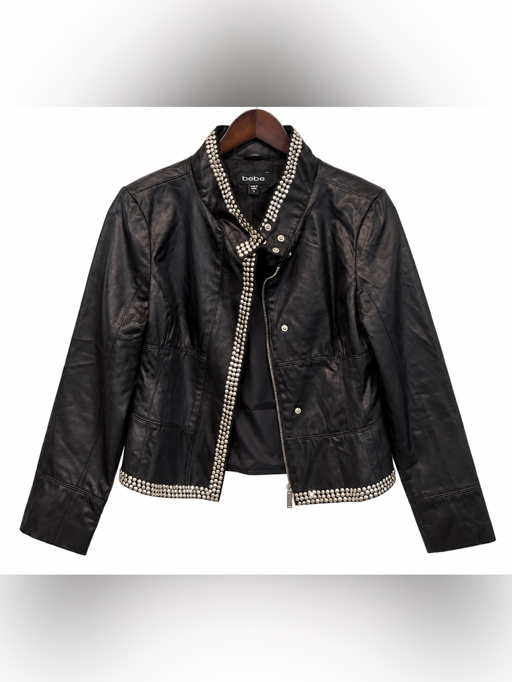 bebe Black Satin Jacket with Silver Stud Trim All Around Size S